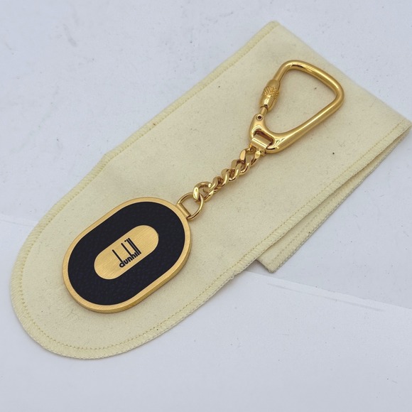 Dunhill Made in Italy Gold-Tone & Black Textured Leather Oval Keychain Key Fob